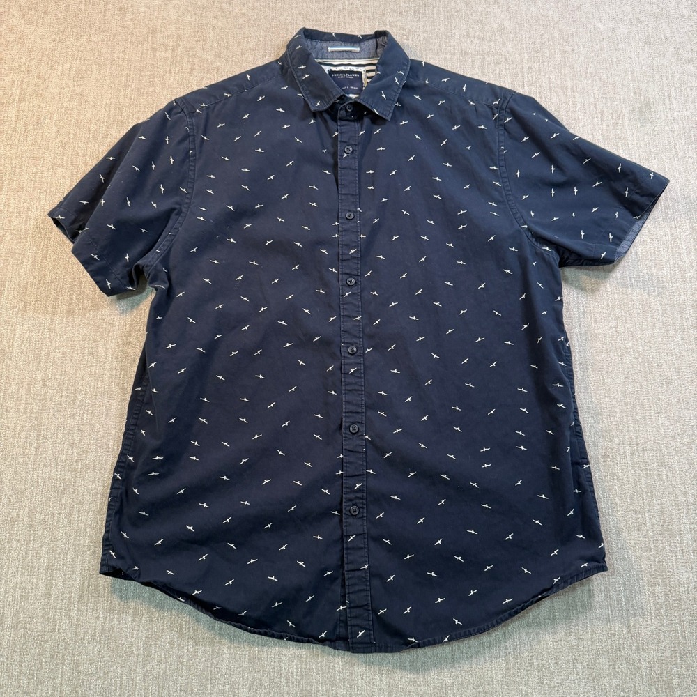 Denim & Flower Ricky Singh Mens Large Navy Blue Bird Print Short Sleeve Shirt